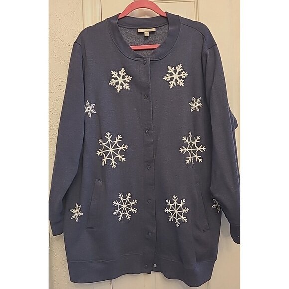 Woman Within 1X Cardigan Jacket Snowflakes Glitter Snap Blue Christmas WINTER - Picture 1 of 7